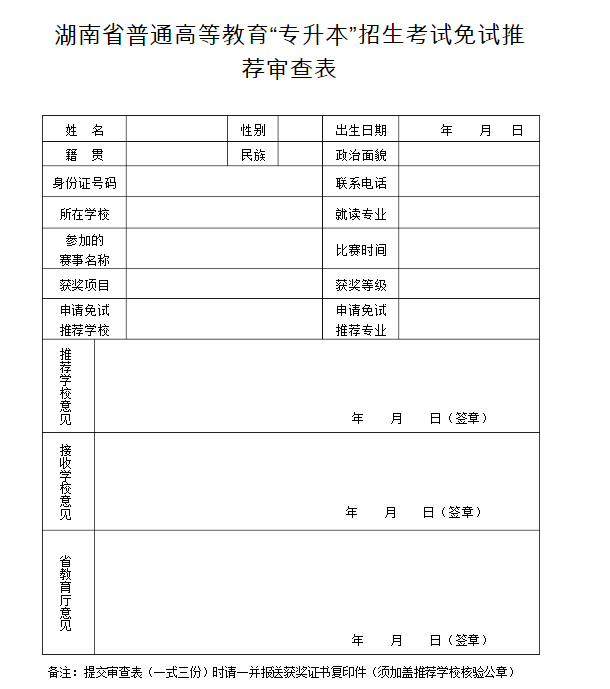 湖南普通高等教育专升本考试招生免试推荐审查表