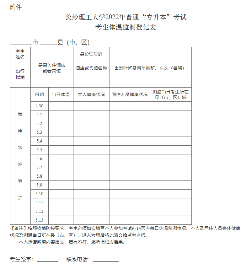 2022年长沙理工大学专升本考试考生须知